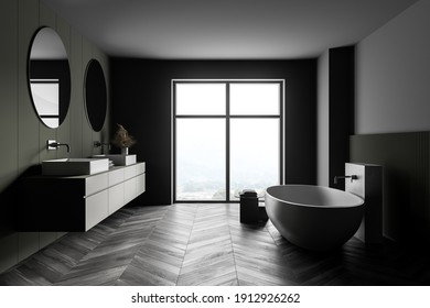 Dark grey bathroom with white bathtub, front view, sinks and mirrors near window. Minimalist design of modern hardwood parquet bathroom 3D rendering, no people