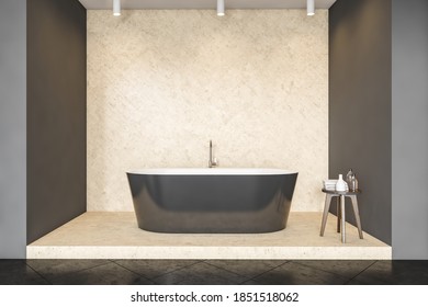 Dark Grey Bathtub With Faucet Against Yellow Wall, Wooden Little Table On The Side. Stylish Bathroom, Luxury Minimalist Bathroom, No People 3D Rendering