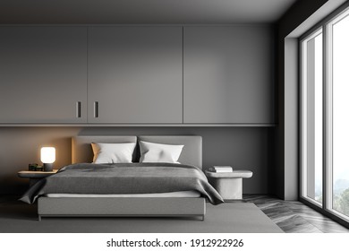 Dark Grey Bedroom With Bed And Linens On Carpet And Parquet Floor, Near Window. Grey Modern Minimalist Bedroom, 3D Rendering No People