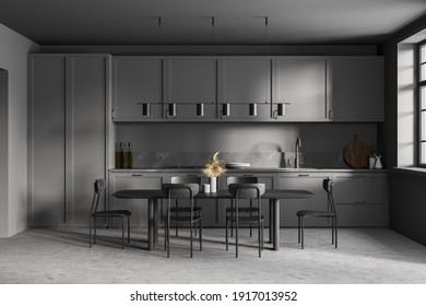 Dark Grey Kitchen Room With Kitchen Set On Grey Marble Floor. Eating Table With Chairs Near Window, 3D Rendering No People