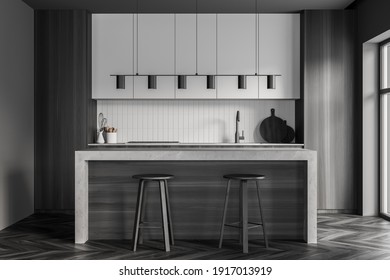 Dark Grey Kitchen Room With White Kitchen Set, Black Parquet Floor. Eating Table With Chairs Near Window, 3D Rendering No People