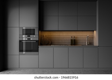 Dark Grey Minimalist Kitchen Set With Appliances And Shelves, Front View. Grey Luxury Kitchen With Oven And Backlight, Grey Floor, 3D Rendering No People