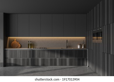 Dark Grey Wooden Kitchen Set With Appliances And Backlight, Shelf With Oven, Front View. Grey Luxury Kitchen On Marble Floor, 3D Rendering No People