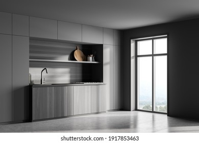 Dark Grey Wooden Kitchen Set And Deck With Appliances, Side View, Window With Nature View. Grey Luxury Kitchen On Marble Floor, 3D Rendering No People