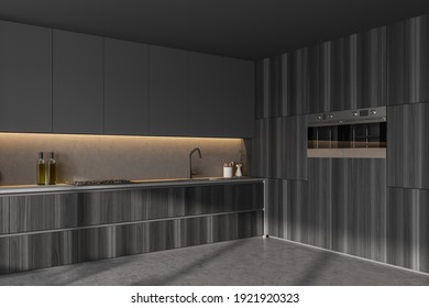 Dark Grey Wooden Kitchen Set With Appliances And Backlight, Shelf With Oven, Side View. Grey Luxury Kitchen On Marble Floor, 3D Rendering No People