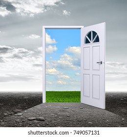 A dark grungy room with a door opening to a beautiful summer day. 3d illustration - Shutterstock ID 749057131