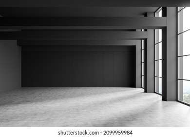 Dark Hall In Apartment With Grey Floor And Black Wall, Front View, Empty Open Space Room With Several Panoramic Windows On Countryside. No Furniture, No People, 3D Rendering