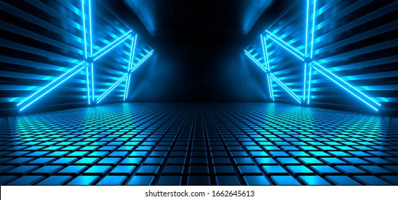 Dark hall with bright blue neon lights. Empty black space for text. Blurry reflections on the plates on the floor. Abstract black background. 3D rendering image.