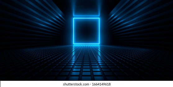 Dark hall with bright blue neon lights. Empty black space for text. Blurry reflections on the plates on the floor. Abstract black background. 3D rendering image.