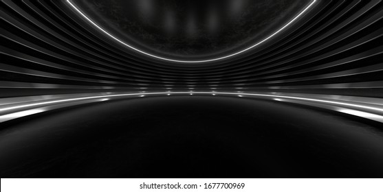 Dark Hall With Bright White Neon Lights. Empty Black Space For Text. Blurry Reflections On The Black Floor. Abstract Black Background. 3D Rendering Image.