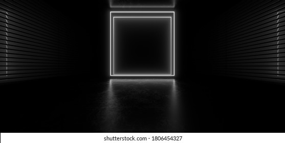 Dark hall with bright white neon lights. Empty black space for text. Blurry reflections on the floor. Abstract black background. 3D rendering image. - Shutterstock ID 1806454327