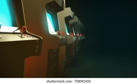 Dark Hall With A Row Of Vintage Arcade Machine Cabinets Screens Glow Blue And Depth Of Field 3d Render