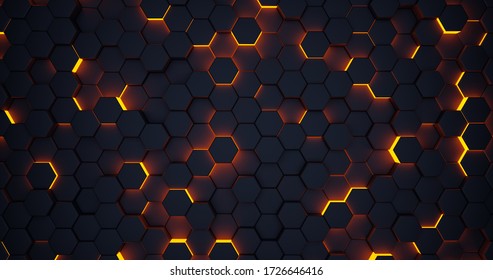 Dark hexagon background with beautiful neon orange light. 3D Render