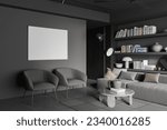 Dark home living room interior with sofa, side view coffee table and bookshelf with decoration. Relaxing corner and armchairs on grey concrete floor. Mock up canvas poster. 3D rendering