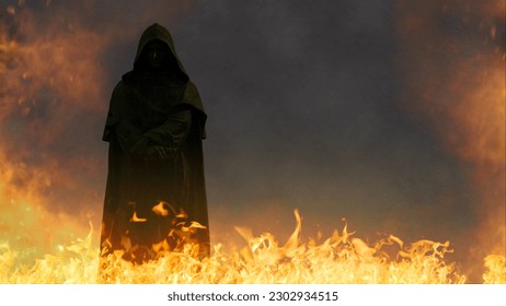 Dark Hooded Figure in Hell features a dark statue figure in a hooded cowl standing in flames and smoke. 