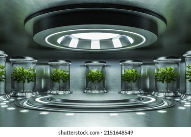 Dark Hydroponics Lab Room On Spacecraft With Metal Circle Podium Empty.3d Rendering 