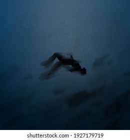 Dark illustration of drowning silhouette person in the sea. Impressionist digital painting showing depression and depth of the ocean.