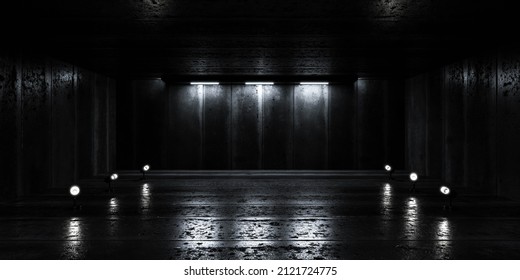 dark industrial concrete basement with spot lights background backdrop wallpaper 3d render illustration