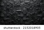 Dark industrial  wallpaper. 3d render vehicle parts pattern. Black transport  background with car parts, gear wheels, pipes, heap of auto parts, wheels. 3d illustration