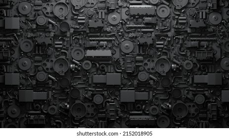Dark industrial  wallpaper  3d render vehicle parts pattern  Black transport  background and car parts  gear wheels  pipes  heap auto parts  wheels  3d illustration