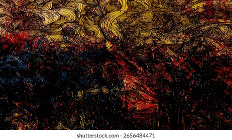 Dark and intense abstract visual with red and black as dominant tones. Curved lines and chaotic brushwork suggest burning forests, emotional turmoil, or expressive nightmarish energy 