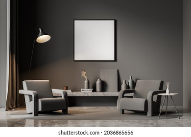 Dark interior design with a square poster, two armchairs, a coffee table, a lamp, a rug and an indoor bench on a concrete floor next to the living room wall. Mockup. Minimalist concept. 3d rendering