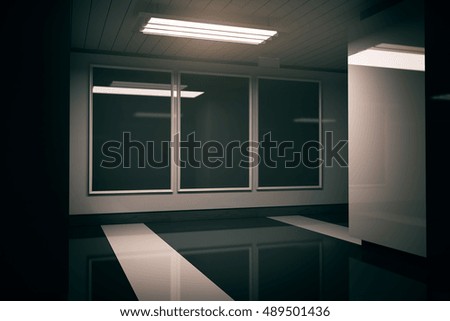 Dark interior design with three empty black ad posters, shiny floor and ceiling lamp. Mock up, 3D Rendering