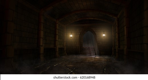 Dark Interior Of Medieval Dungeon. 3D Illustration