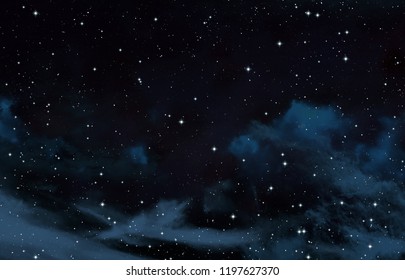 Dark interstellar space. 2d illustration. Stars in a deep space. Blue cold nebula. Dark night sky. - Shutterstock ID 1197627370