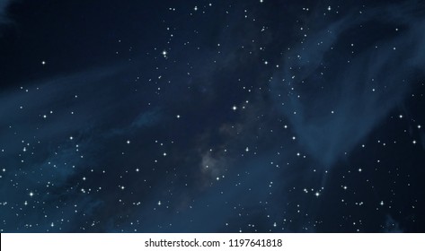 Dark interstellar space. 2d illustration. Stars in a deep space. Blue cold nebula. Dark night sky.