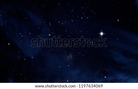 Dark interstellar space. 2d illustration. Stars in a deep space. Blue cold nebula. Dark night sky.