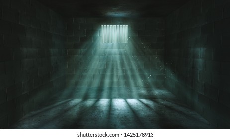 Dark jail cell at night /  High contrast image, 3D render, illustration