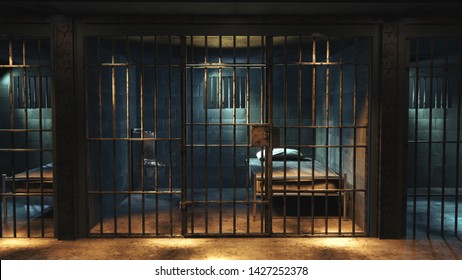 Темная тюремная камера ночью /Высококонтрастное изображение, 3D-рендер, иллюстрация