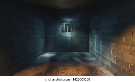Dark jail cell at night /  High contrast image, 3D render, illustration