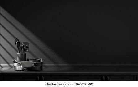 Dark Kitchen Counter And Everyday Utensils On  The Counter In Warm Morning Sunlight.  Monochrome Black Color Concept, Solid And Flat Color Scene, 3d Rendering