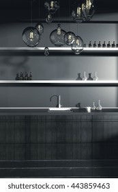 Dark Kitchen Counter With Sink And Shelves With Items. Front View, 3D Rendering