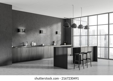 Dark Kitchen Interior With Bar Chairs And Countertop, Side View, Panoramic Window On Singapore City View. Cooking Area With Grey Concrete Floor. 3D Rendering