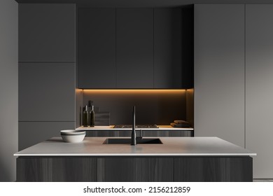 Dark Kitchen Interior With Bar Island, Sink And Stove. Kitchenware And Towel On Deck, Shelf With Backlight, Front View. 3D Rendering