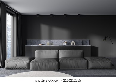 Dark Kitchen Interior With Lounge Zone, Sofa And Kitchenware On Shelf, Front View. Panoramic Window On Singapore City View. 3D Rendering