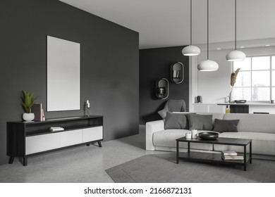 Dark Kitchen Interior With Relax Space With Sofa, Cooking Area Near Panoramic Window With Singapore City View. Drawer With Decoration On Grey Concrete Floor. Mockup Poster. 3D Rendering