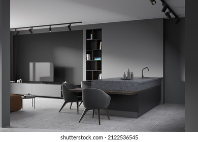 Dark Kitchen Interior With Sofa And Tv Screen On Cabinet, Armchairs And Countertop On Grey Tiled Floor, Side View. Shelf With Books. Cooking Room And Relaxing Space. 3D Rendering