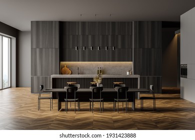 Dark Kitchen Room With Dining Table And Chairs, Parquet Floor. Kitchen Open Space Room, Wooden Black Set, 3D Rendering No People