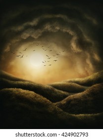 Dark landscape with clouds and moon