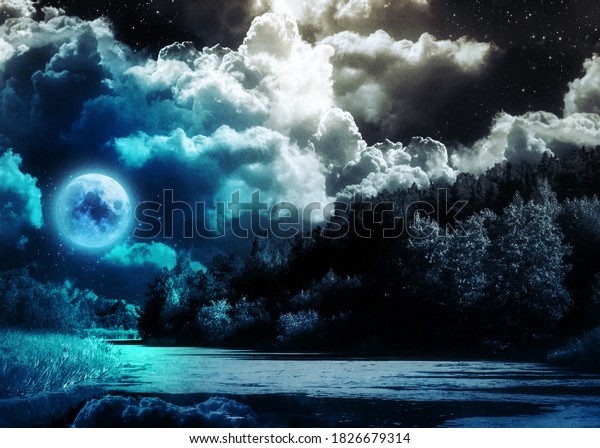 Dark landscape with full moon and\
river. Elements of this image furnished by\
NASA