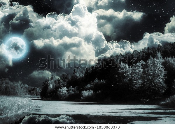 Dark landscape with full moon and
river. Elements of this image furnished by
NASA
