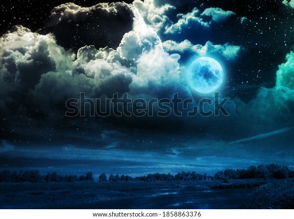 Dark landscape with full moon and
river. Elements of this image furnished by
NASA
