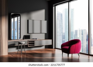 Dark Living Room Interior With Armchair, Side View, Tv Screen And Dresser With Laptop, Stool And Mirror. Relax And Work Zone, Panoramic Window On Singapore City View. 3D Rendering