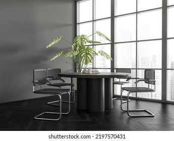 Dark Living Room Interior With Dining Table And Chairs, Side View, Black Hardwood Floor. Panoramic Window On Singapore Skyscrapers. Plant Decoration In The Corner. 3D Rendering