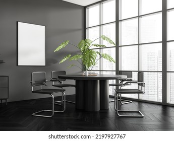 Dark Living Room Interior With Dining Table And Chairs, Side View, Black Hardwood Floor. Panoramic Window On Singapore Skyscrapers. Plant And Mockup Blank Poster. 3D Rendering