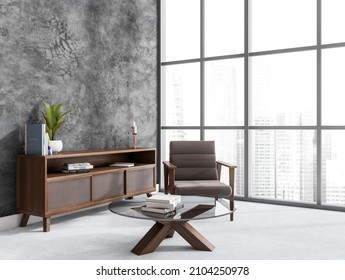 Dark living room interior with panoramic window, comfortable brown armchair, coffee table with books, houseplant, sideboard, candles and concrete floor. Perfect place for meeting. 3d rendering